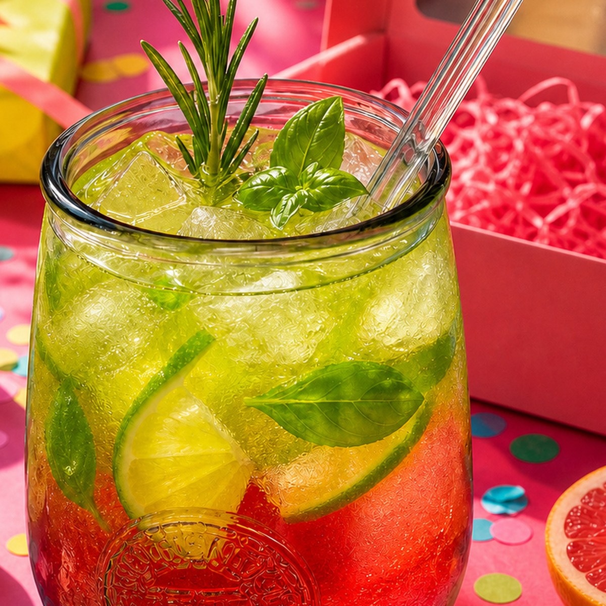 ReJumbo Trinkglas mit Limette, Eis, Basilikum und Geschenkbox in buntem Party-Setting